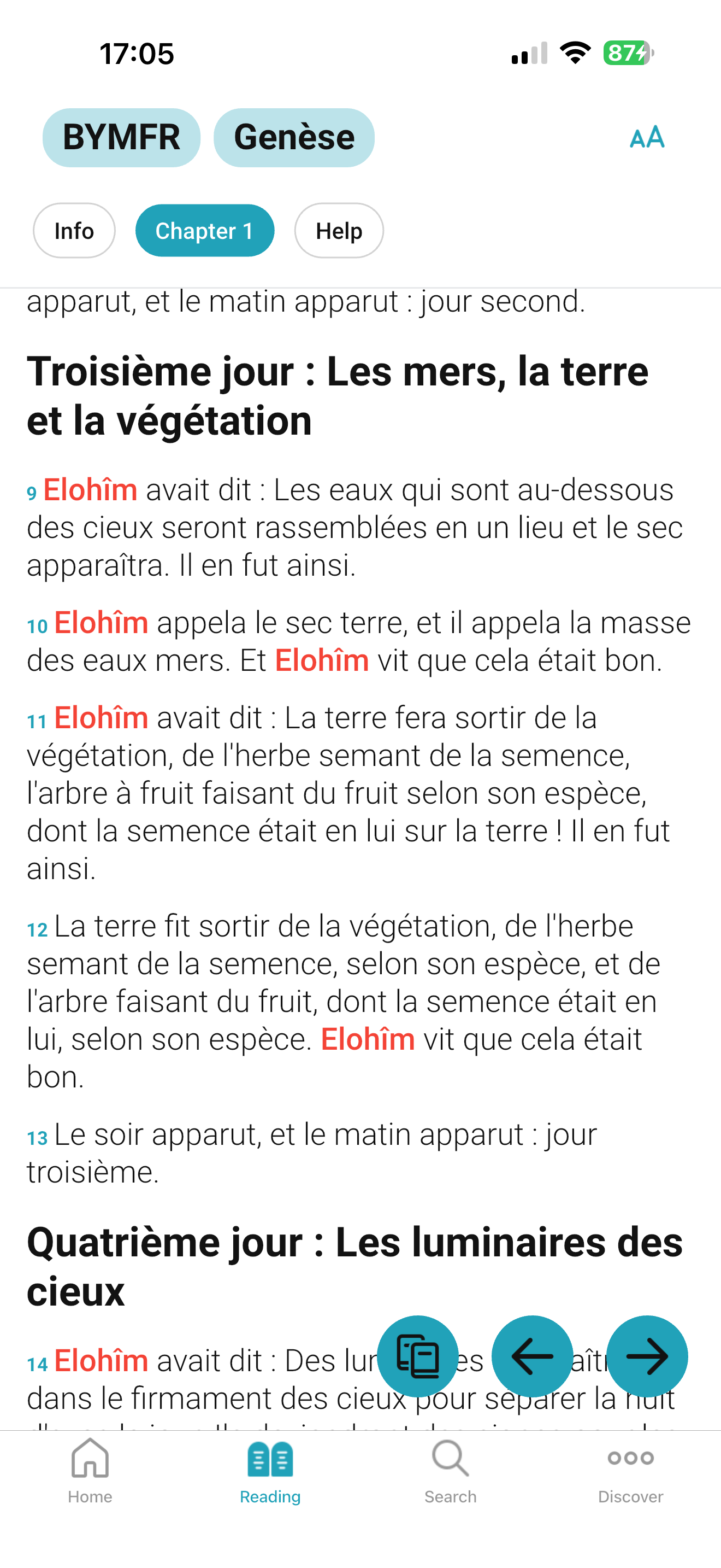 Capture d'écran de l'application Bible montrant une vue de lecture